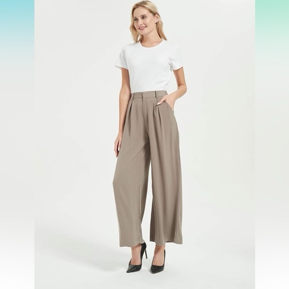 Tronjori Wide Leg Pants In Mocha Size Medium High Waisted Palazzo Pleated Flowy